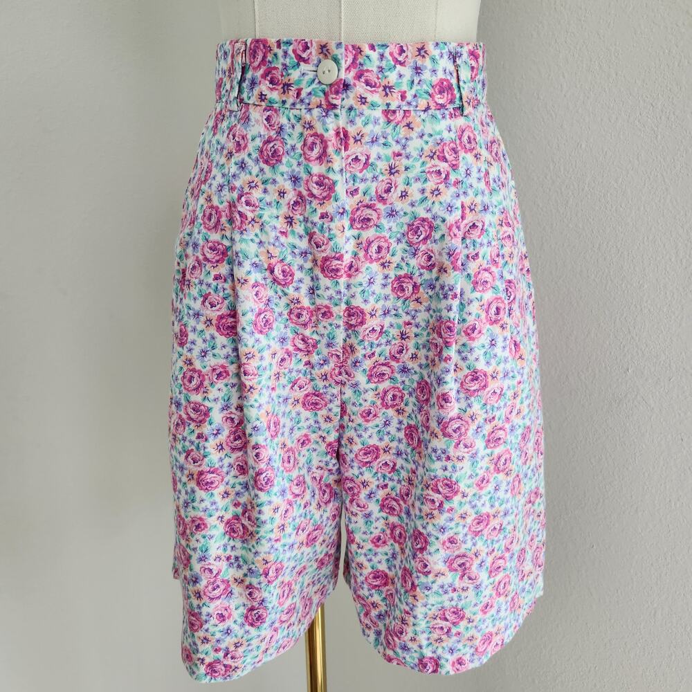 Vintage 90s Just Me Pink Floral High Waist Pleated Shorts Cotton Bermuda 2
